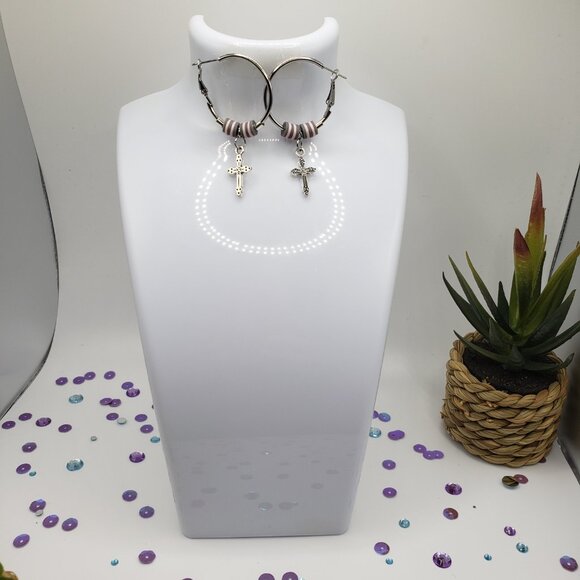 Hand Made Earrings Hoops With Crosses - Picture 2 of 3